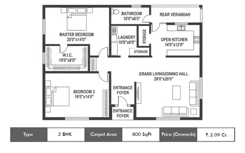 Runwal Meadows 2 BHK floor plan, 800 sq ft carpet area
