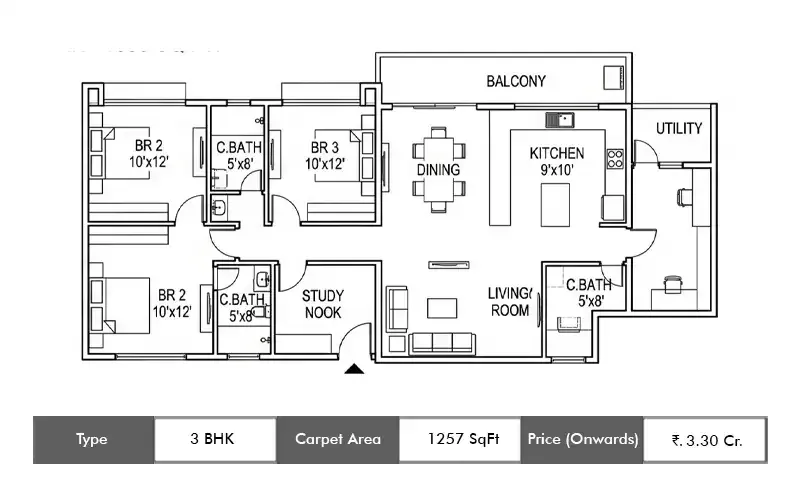 Runwal Meadows 3 BHK floor plan, 1257 sq ft carpet area