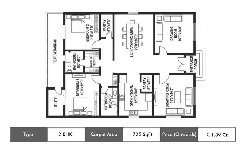 Runwal Meadows 2 BHK floor plan, 725 sq ft carpet area